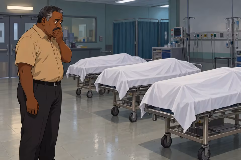 Kayode stands stunned before three covered hospital trolleys.