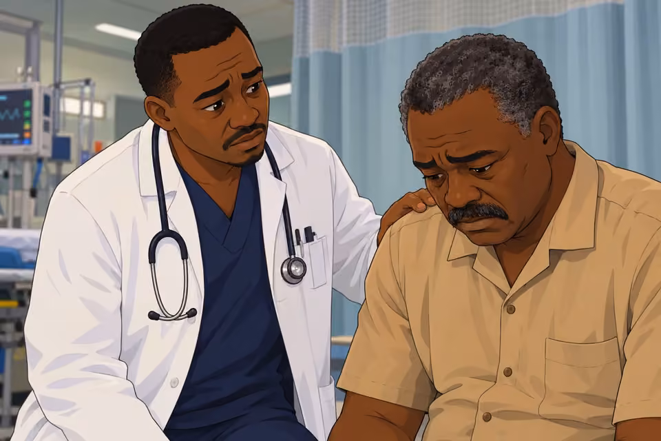 A doctor rests a compassionate hand on Kayode's shoulder.