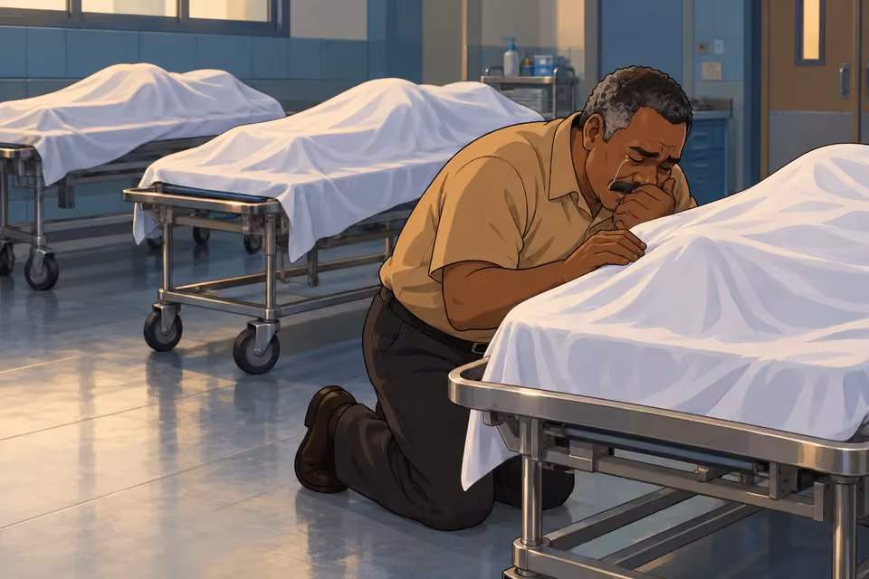 Kayode kneels in grief beside his family's covered hospital trolleys.