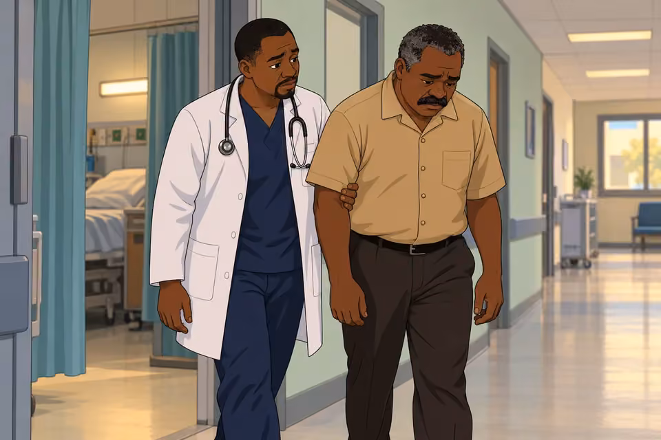 A doctor gently guides a grieving Kayode down the hospital corridor.