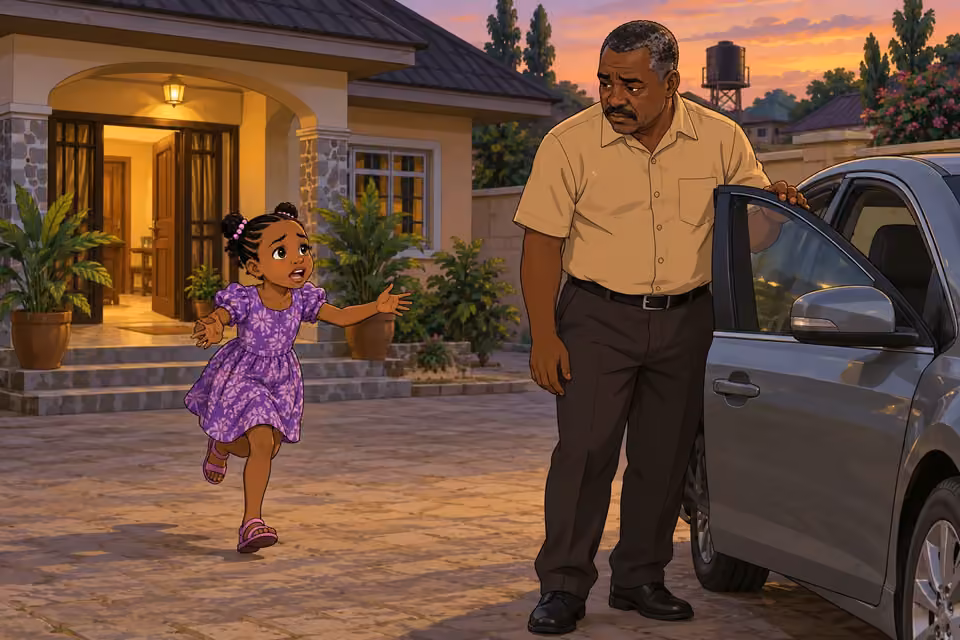 Morayo runs to Kayode as he returns home beside his car.