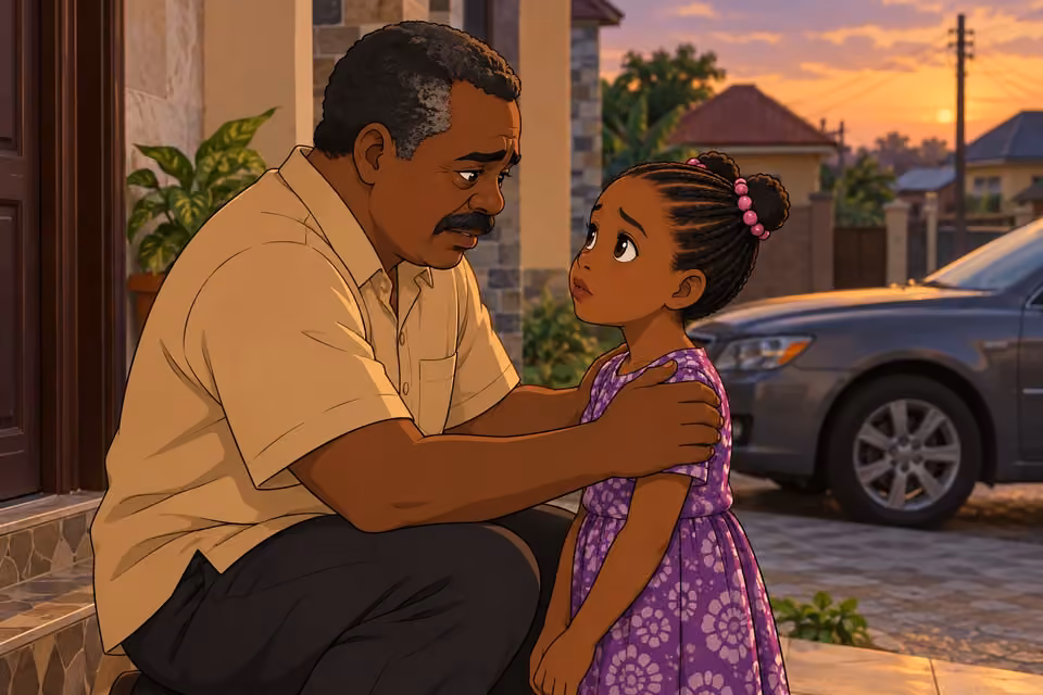 Kayode kneels to tell Morayo that her mother and brothers will not return.