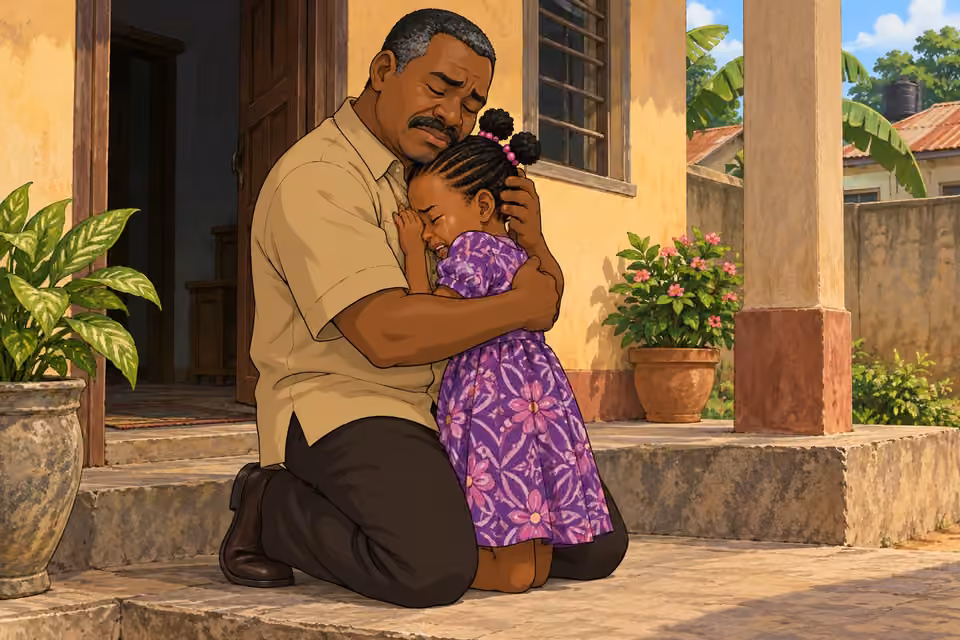 Kayode holds his crying daughter and promises to protect her.