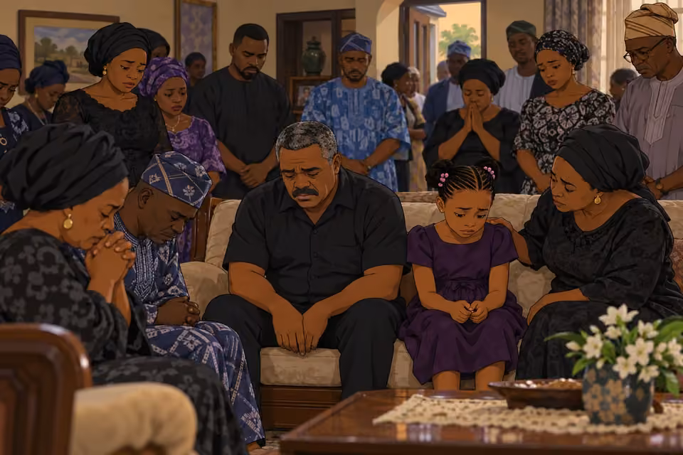 Neighbors gather around Kayode and Morayo in mourning at their home.