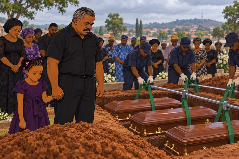 Kayode holds Morayo’s hand while three caskets are lowered at the gravesite.