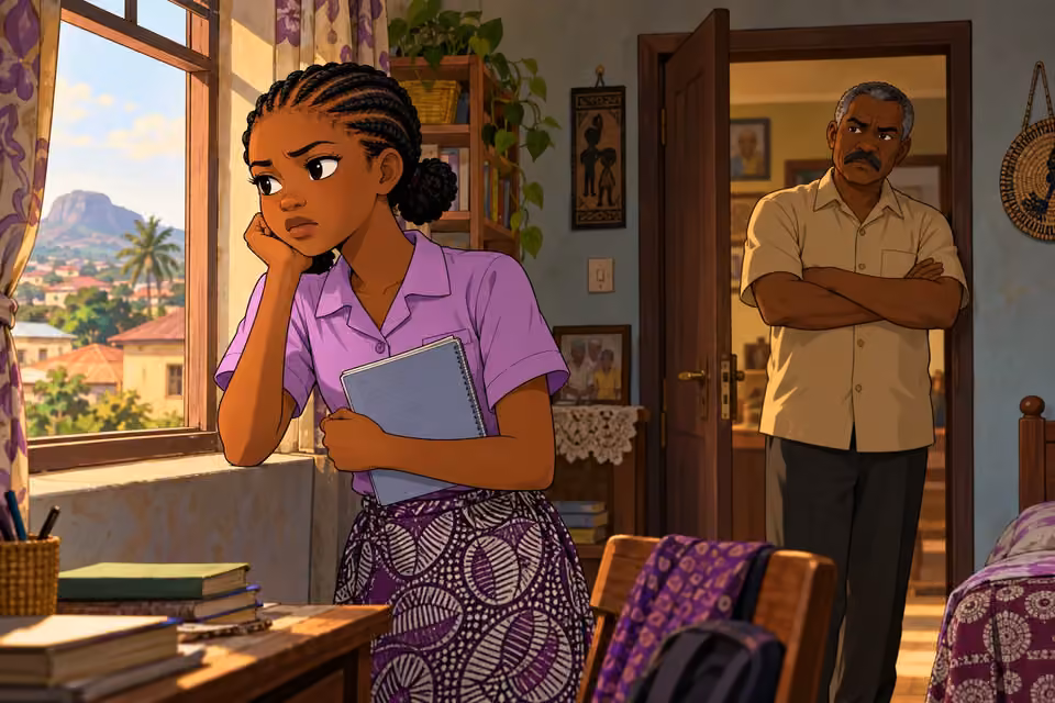 Morayo holds a notebook by the window while her watchful father stands in the doorway.
