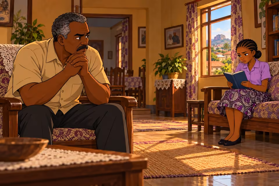 Kayode watches Morayo tensely while she reads across the room.