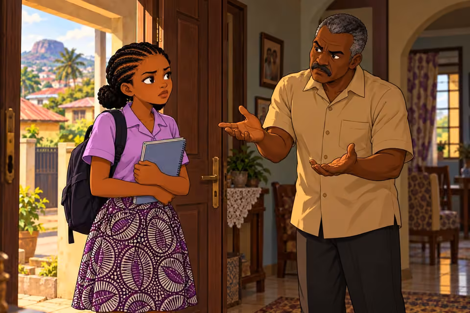 Kayode questions Morayo at the doorway as she holds a school notebook.