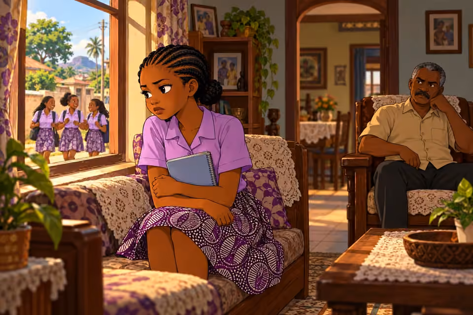 Morayo stays indoors under her father’s watch while her peers walk outside.