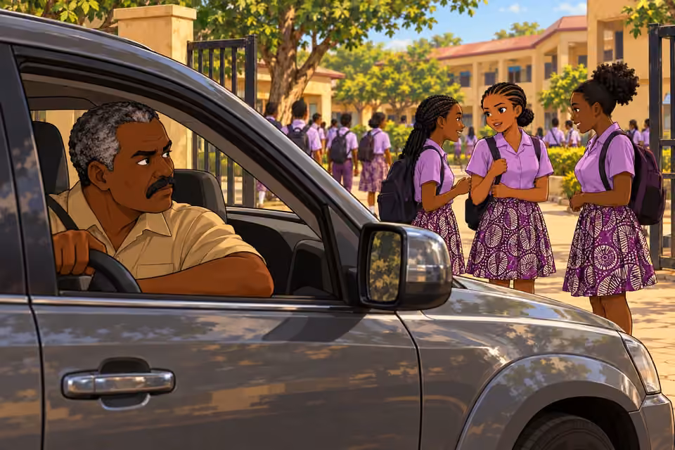 Kayode watches from his gray car as Morayo speaks with classmates at school.