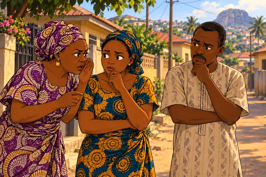 Neighbors exchange worried whispers about Kayode’s treatment of Morayo.