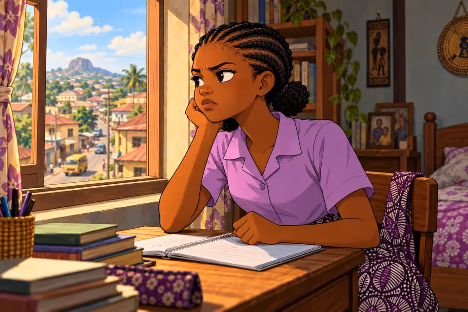 Morayo looks away from her schoolwork toward the open window, longing for freedom.
