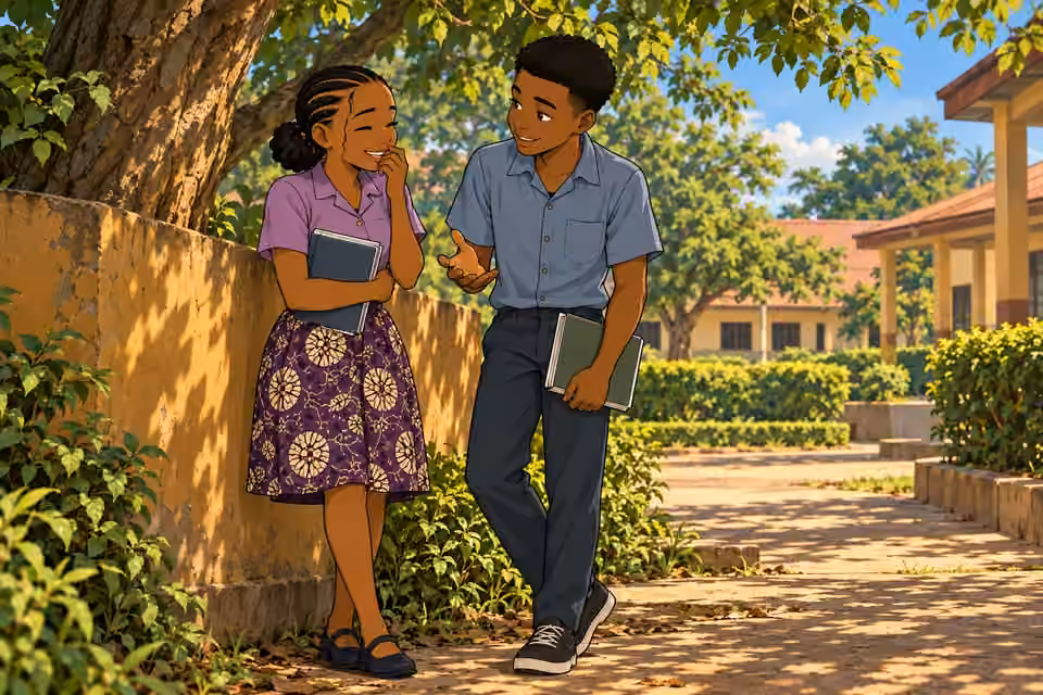 Morayo laughs with Demola in a quiet corner of the school campus.