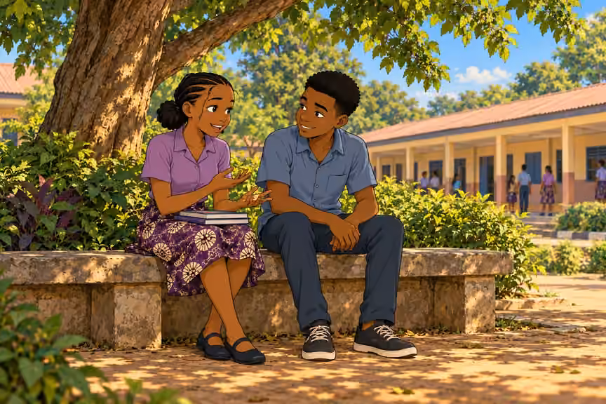 Morayo and Demola talk comfortably on a shaded schoolyard bench.