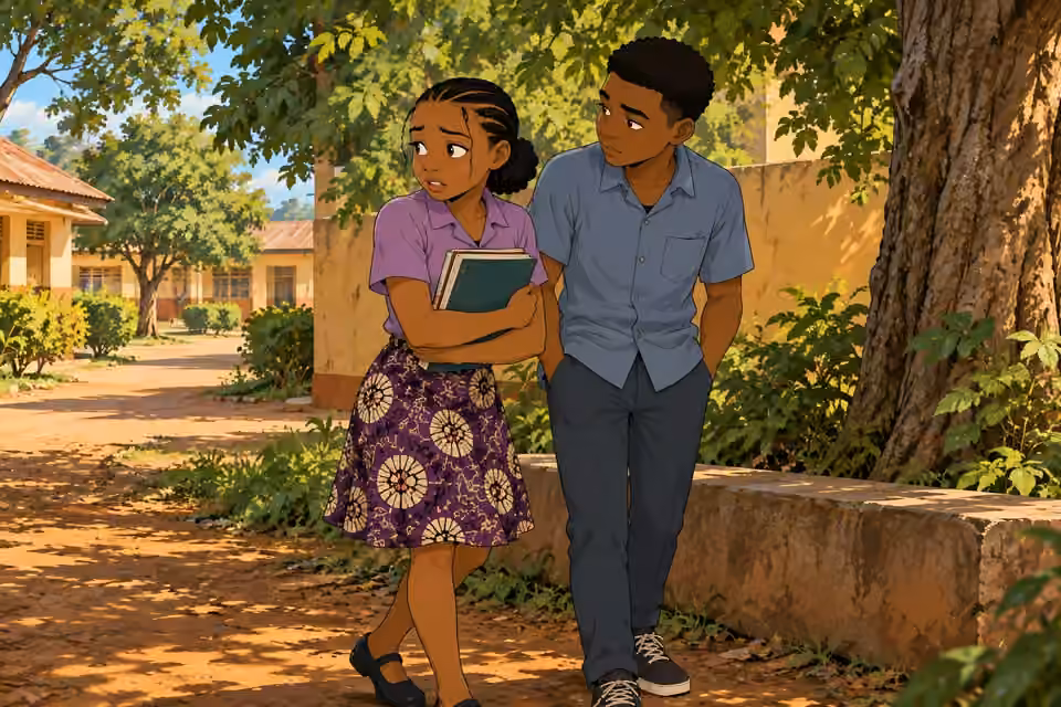 Morayo glances anxiously toward the school path while Demola watches with concern.