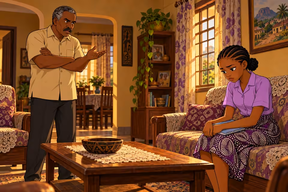 Kayode speaks sternly while Morayo sits withdrawn across the living room.