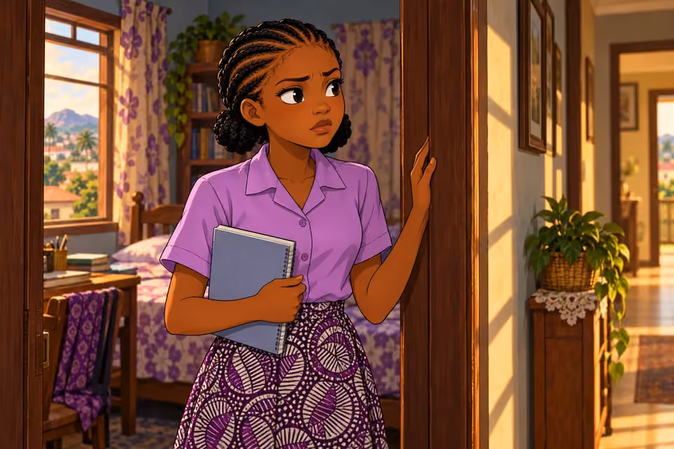 Morayo pauses in her bedroom doorway, torn between loyalty and independence.