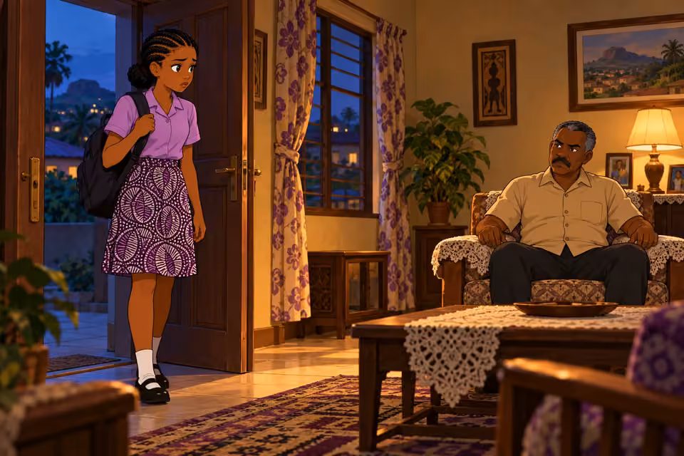 Morayo returns home at dusk to find Kayode waiting in the living room.