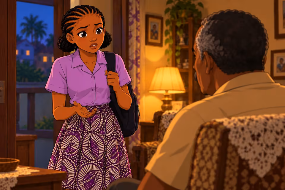 Morayo nervously answers her father from the living-room doorway.