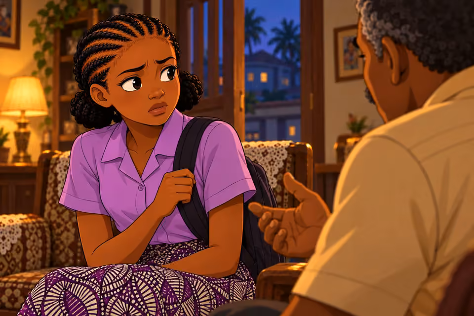 Morayo listens tensely, her fear giving way to quiet resolve.