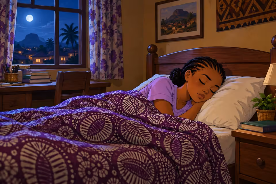 Morayo falls asleep beneath patterned covers in the moonlit room.