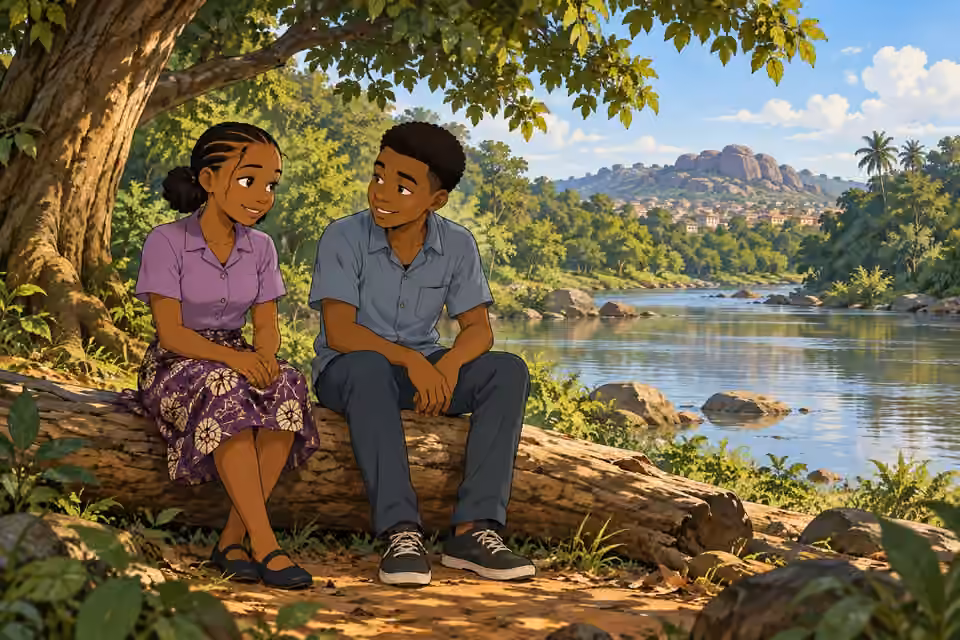 Morayo and Demola talk together at their secluded riverbank refuge.