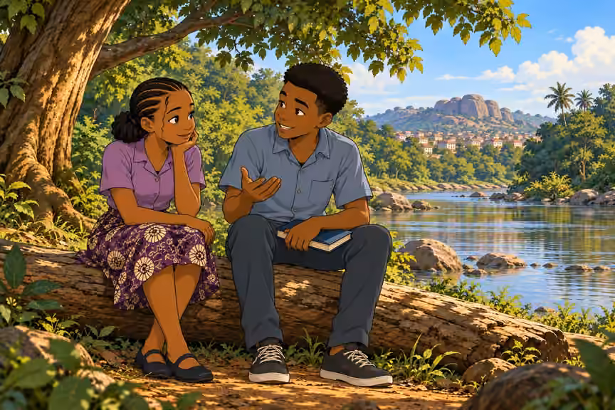 Demola shares his hopes with Morayo beside the river.