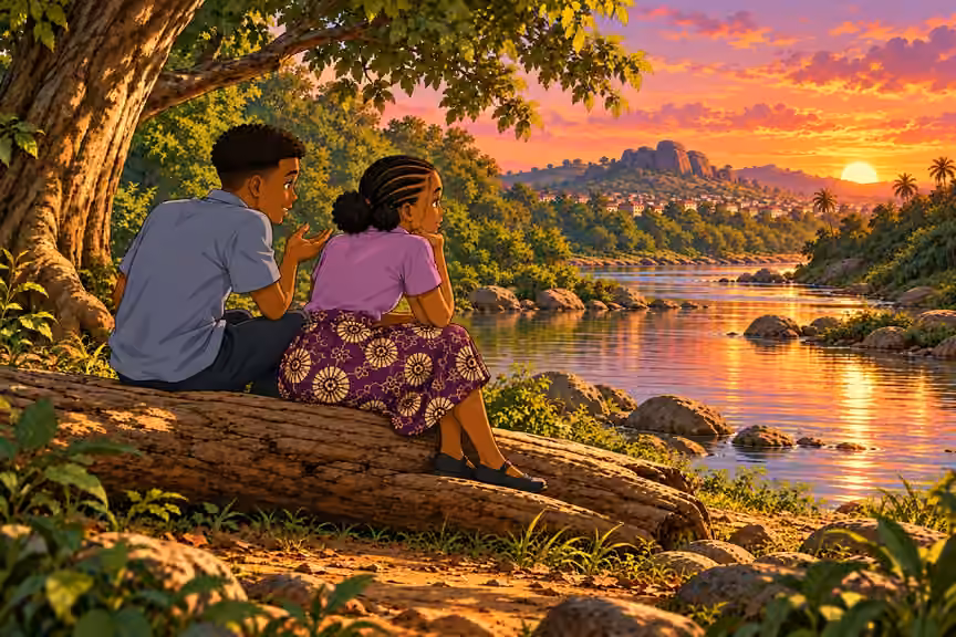 Morayo and Demola talk beside the river at sunset.