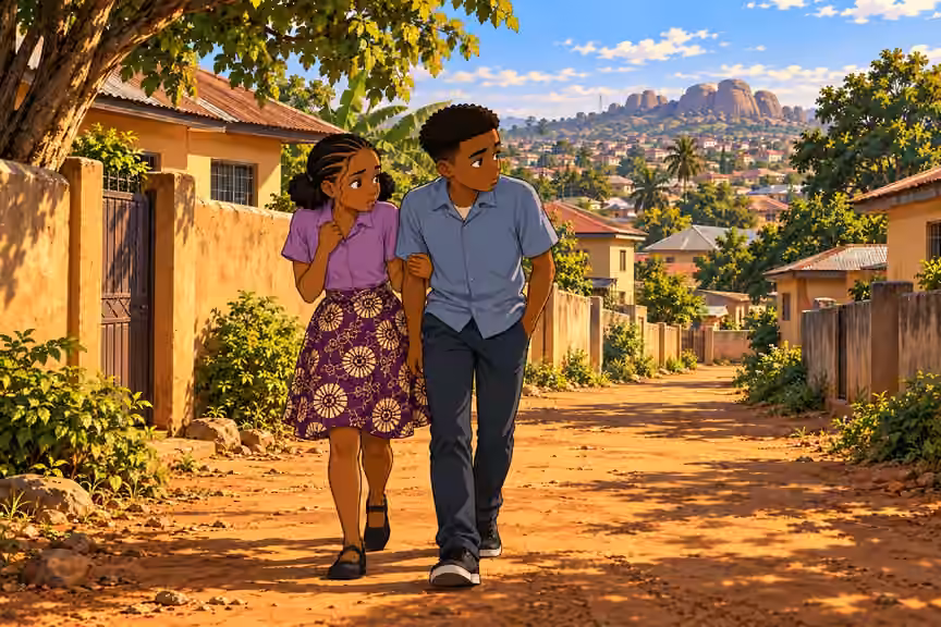 Morayo and Demola cautiously walk along the edge of town.