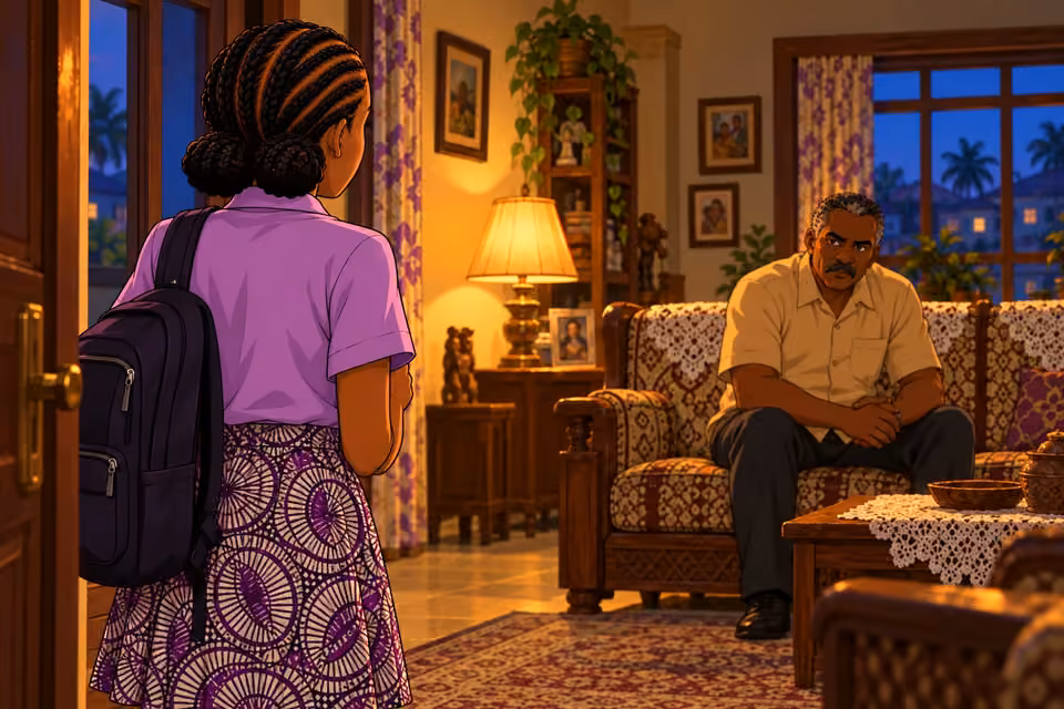 Morayo enters the silent living room and finds her father waiting.