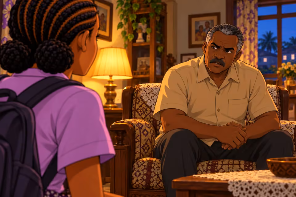 Kayode calmly questions Morayo from his armchair.