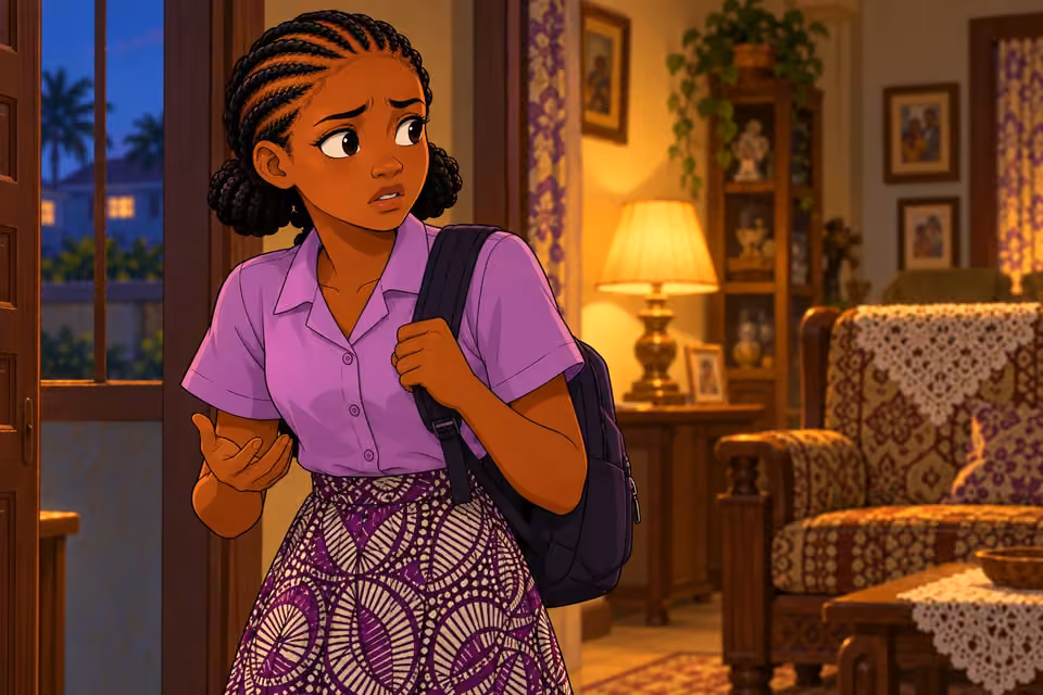 Morayo nervously claims she stayed late at school.