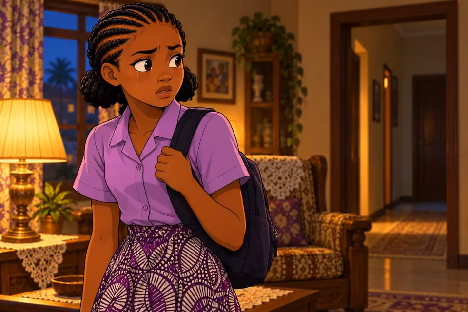Morayo stares toward the empty hallway, fearing the cost of defiance.