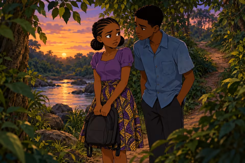 Morayo and Demola meet near the river as she anxiously watches the path home.