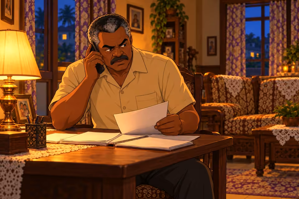 Kayode investigates Demola with a phone call and papers at his table.