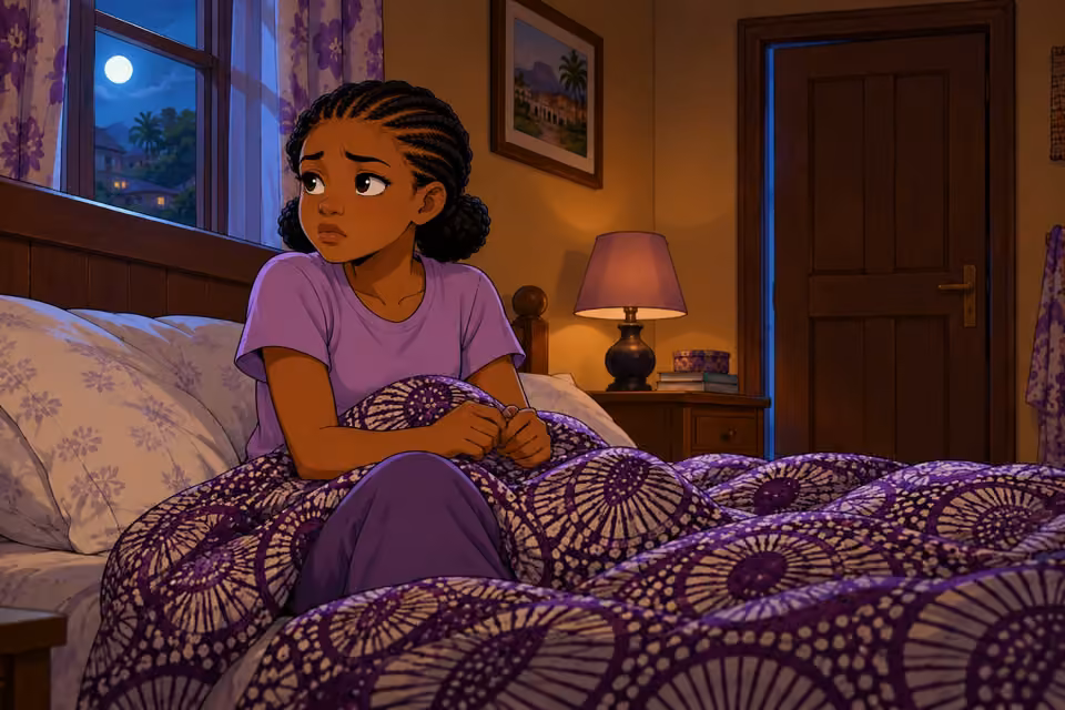 Morayo sits awake in bed, worn down by fear.