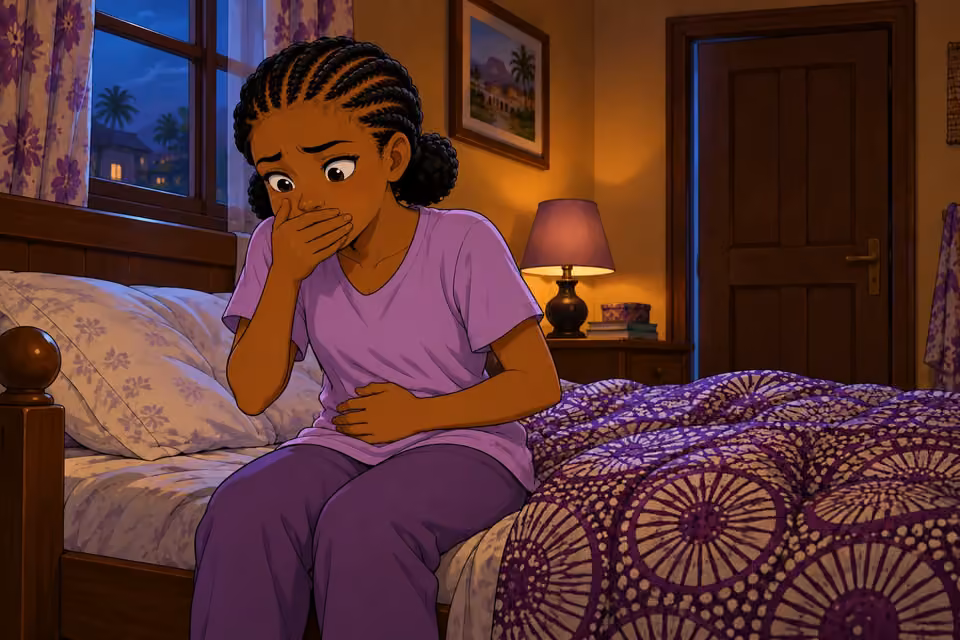 Morayo feels nauseated while sitting alone in her bedroom.