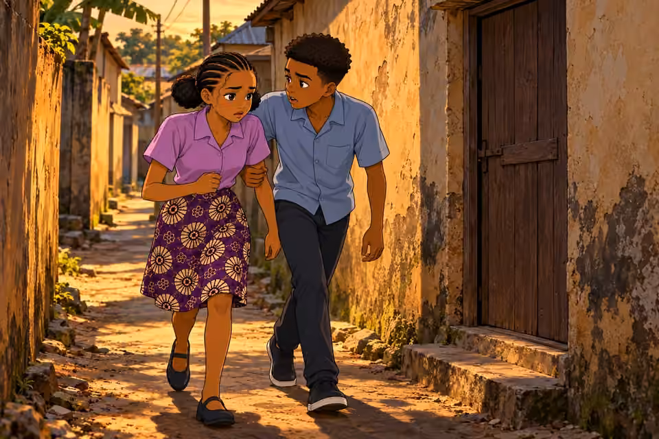 Morayo and Demola hurry away from the dingy back-street room.