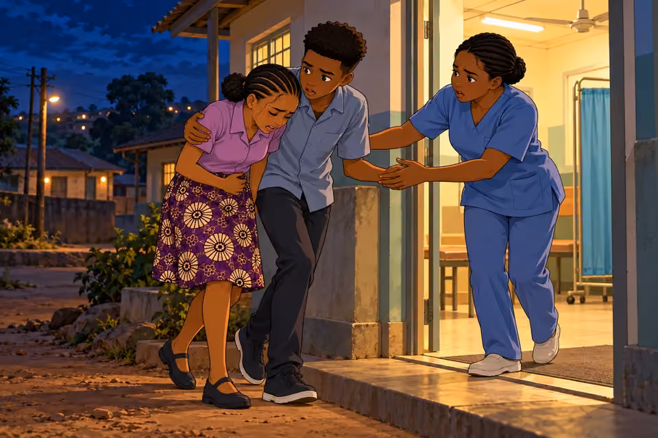 Demola helps the feverish Morayo into a clinic at nightfall.