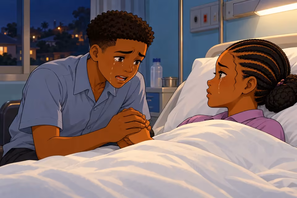 Demola tearfully reassures Morayo while holding her hand.