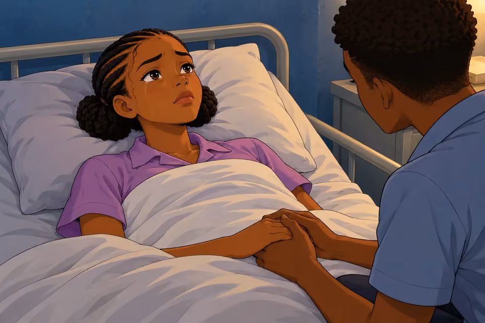 Morayo lies in the clinic bed, weighed down by fear and regret.