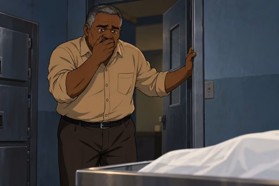 Kayode freezes in a hospital doorway, overwhelmed by the loss of his daughter.