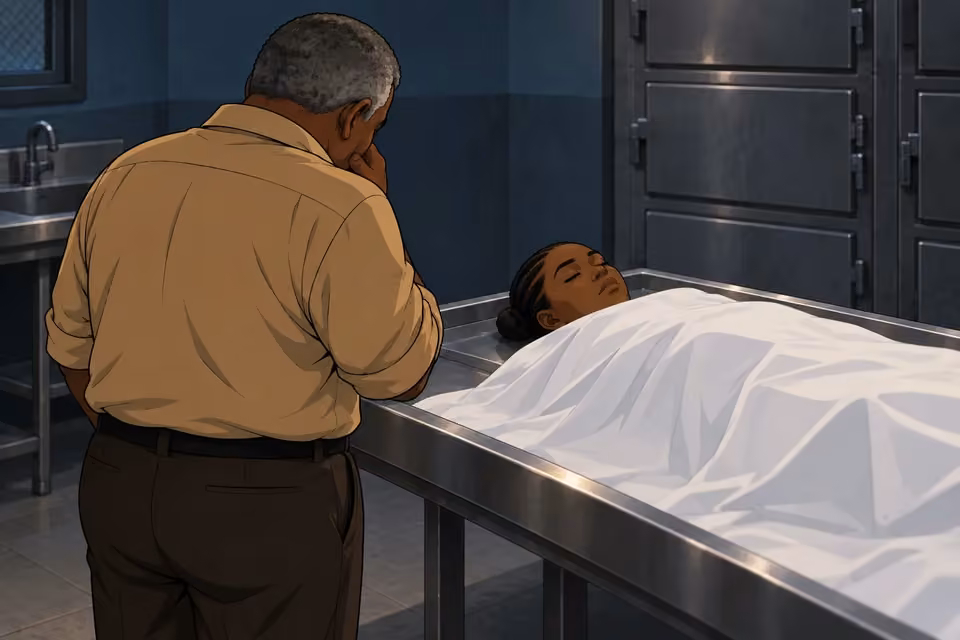 Kayode stands beside his daughter’s covered body.