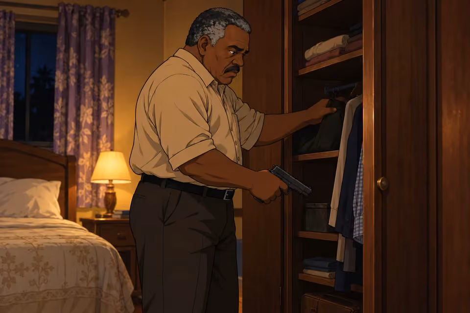 Kayode retrieves his old service pistol from the bedroom closet.