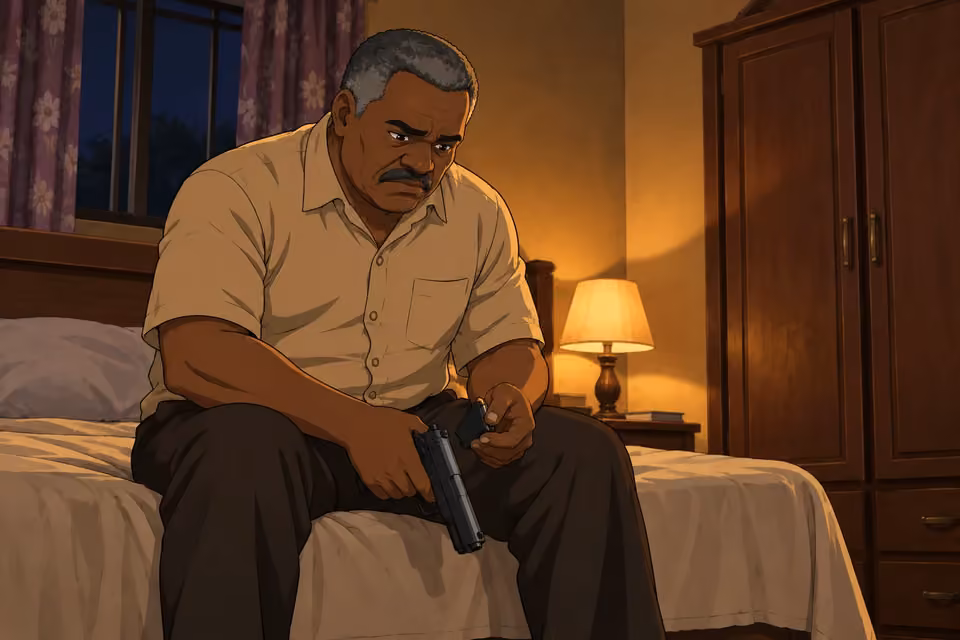 Kayode grimly readies the pistol while thinking about Demola.