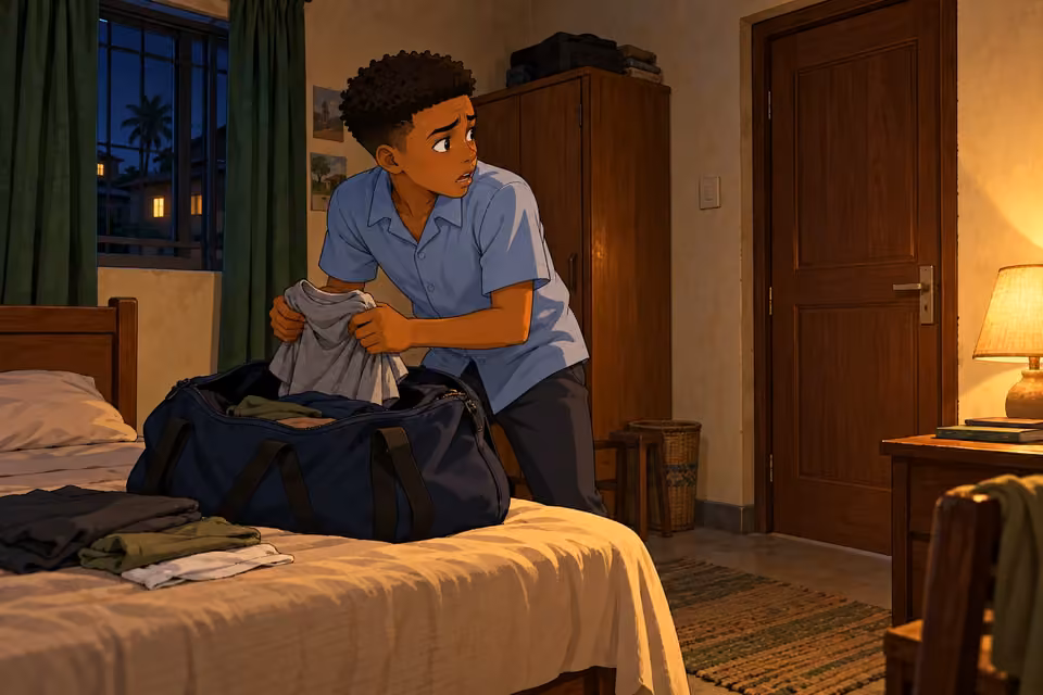 Demola packs a bag in panic at his small home.
