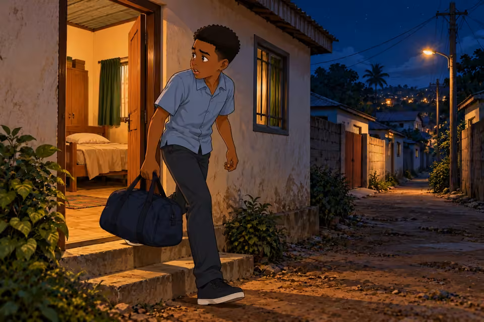 Demola leaves his home at night with a hastily packed bag.