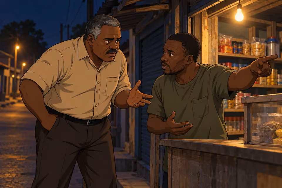 Kayode questions a local shopkeeper while searching for Demola.