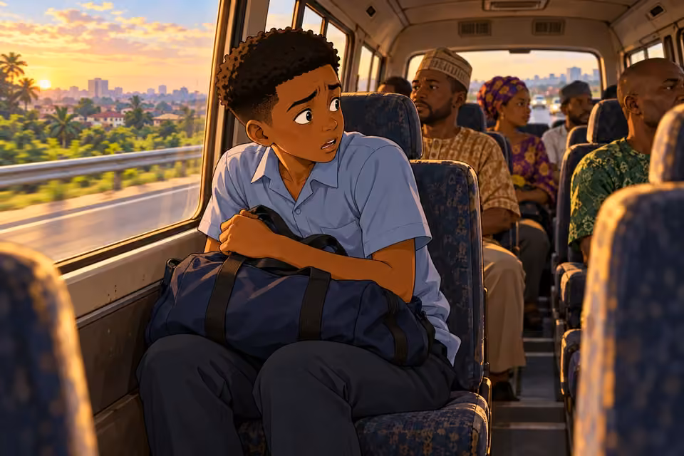 Demola looks over his shoulder during the anxious journey to Lagos.