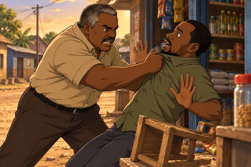 Kayode intimidates a shopkeeper during his relentless search for Demola.